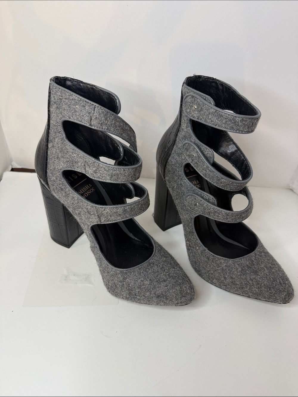 Aldo Rise Misha Nono Grey Multi-Strap Pointed Toe Block Heel Pumps -